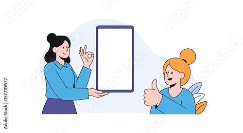 Positive feedback from two women showing a smartphone together with a thumbs up