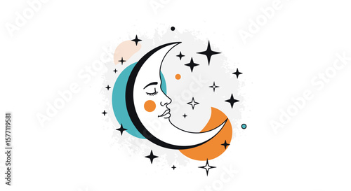 Mystical celestial dreamscape with dreaming moon and twinkling stars