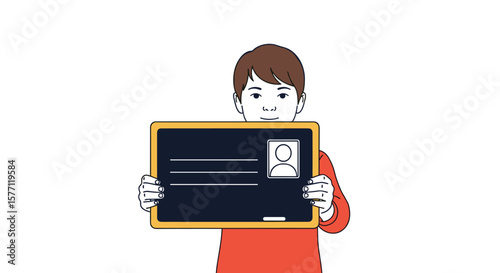 Person holds up a black board with space for text and a profile picture