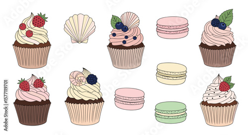 Assortment of delicious cupcakes and french macarons in a sweet dessert collection
