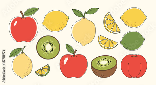 Collection of fresh fruits including apples lemons kiwi fruit and citrus slices in a whimsical style