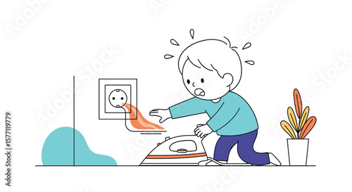 Child reaching for hot iron near electrical outlet and water