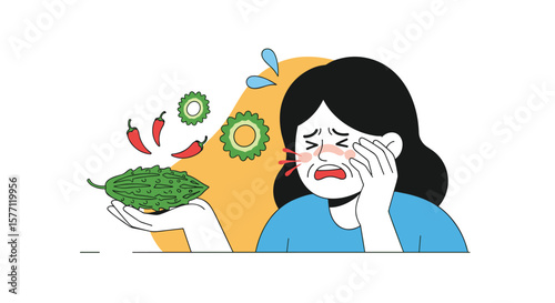 Disgusted person reacts to bitter gourd and spicy peppers unpleasant food experience