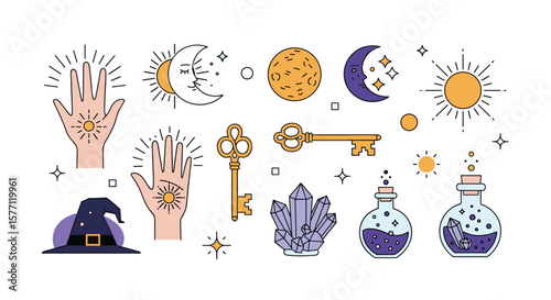 Mystical symbols and objects collection with celestial elements and occult theme