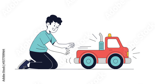 Young boy playing with red toy truck outdoors enjoying childhood playtime activities