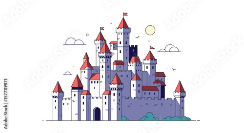 Majestic medieval castle towering over a lush green hill under a bright sunny sky