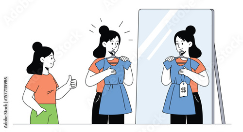Woman tries on a blue dress in front of a mirror feeling happy and satisfied with her choice
