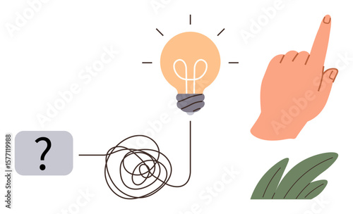 Question mark and tangled line leading to lightbulb, hand pointing upward, abstract leaf. Ideal for innovation, creativity, problem-solving, brainstorming, ideas clarity growth. Simple flat
