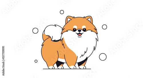 Adorable fluffy pomeranian dog with a bushy tail and playful expression surrounded by bubbles