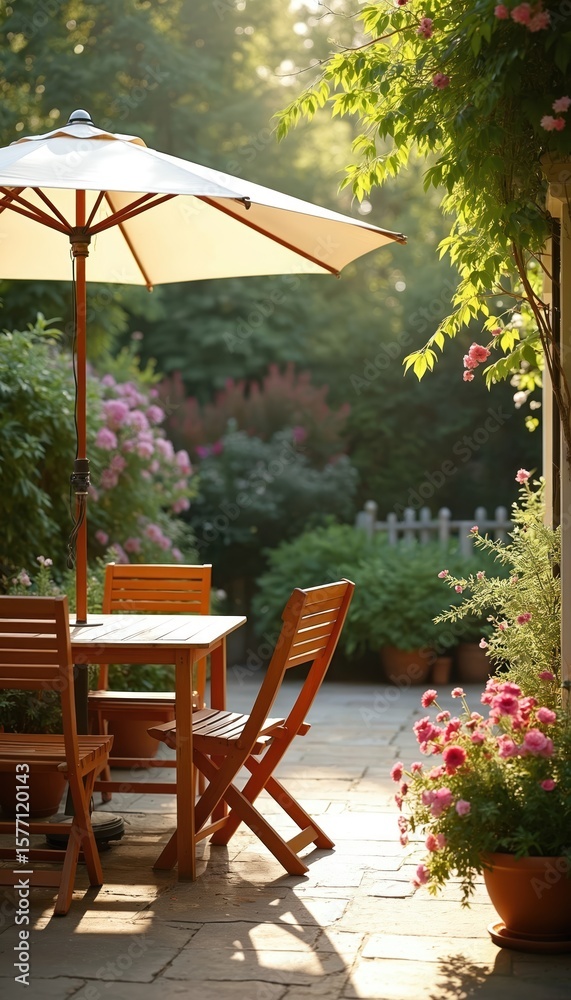 Obraz premium Wooden patio furniture set on cobblestone path in lush London garden. Patio tables, chairs, umbrella, gazebo. Pink, white flower beds, tall tree with green leaves