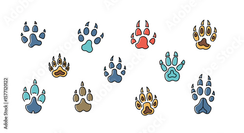 Collection of diverse animal paw prints in various colors and styles depicting wildlife tracks