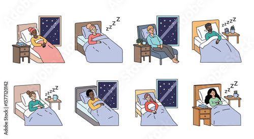 Diverse group of people experiencing sleep and insomnia issues at night