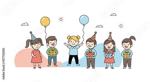 Joyful children celebrate special occasion with gifts and balloons a delightful illustration