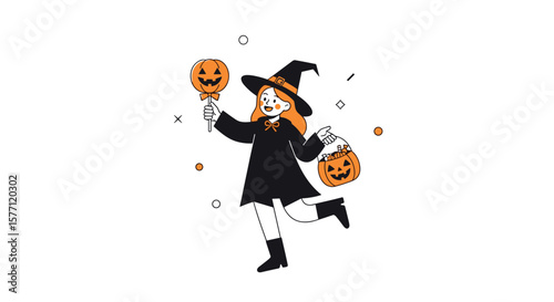 A joyful young witch collects candy on halloween night with festive decorations