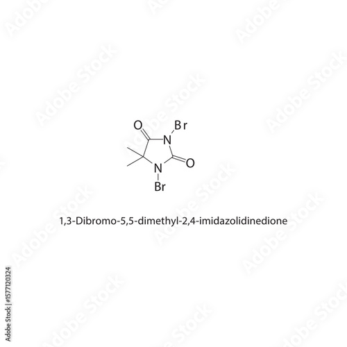 1,3-Dibromo-5,5-dimethyl-2,4-imidazolidinedione skeletal structure. Halogenated imide compound schematic illustration. Simple diagram, chemical formula.