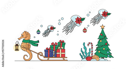 A merry underwater holiday journey with a seahorse delivering gifts to friends