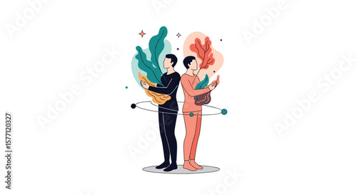 Two people holding plants facing away from each other illustrating differences