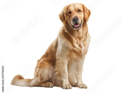 Smiling Golden Retriever Sitting with Tail Curved Around, Front View, Isolated on Transparent Background