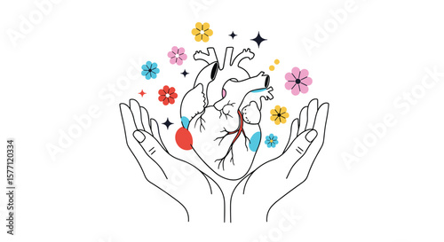Caring hands offer a blooming anatomical heart with colorful flowers and sparkles