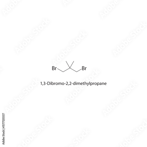 1,3-Dibromo-2,2-dimethylpropane skeletal structure. Halogenated alkane compound schematic illustration. Simple diagram, chemical formula.