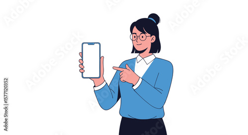 Young woman in glasses points to a blank screen on a smartphone held upright isolated on a white background