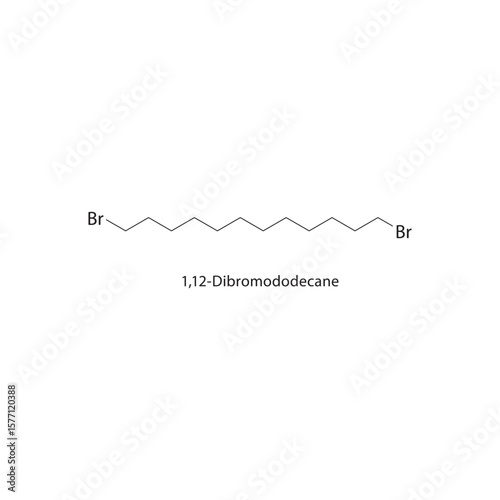 1,12-Dibromododecane skeletal structure. Halogenated alkane compound schematic illustration. Simple diagram, chemical formula.