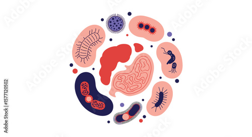 Exploring the microscopic world of bacteria viruses and microorganisms in a circular arrangement