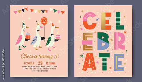 Birthday party front and back invitation card with cartoon character ducks and typography design.
