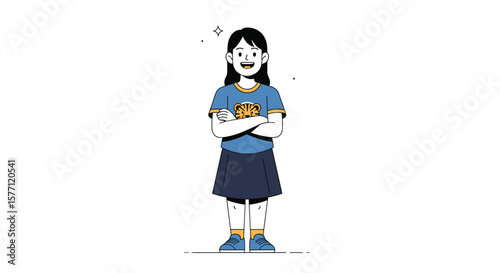 A young enthusiastic girl standing confidently with crossed arms and a friendly smile