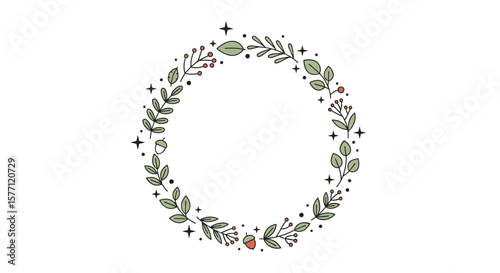 Beautifully hand drawn botanical wreath with berries and acorn accents flourishes