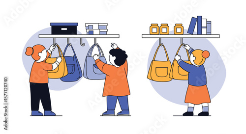 Children organizing bags and belongings on shelves and hooks for tidy storage solutions