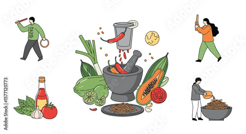Illustrations of people preparing fresh ingredients and cooking delicious meals together