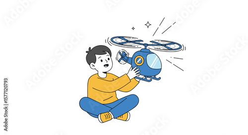 Boy learning to operate a mini drone hovering in the air