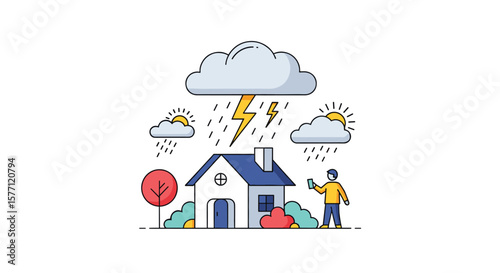 Homeowner preparing for severe weather protecting house from storm damage risks