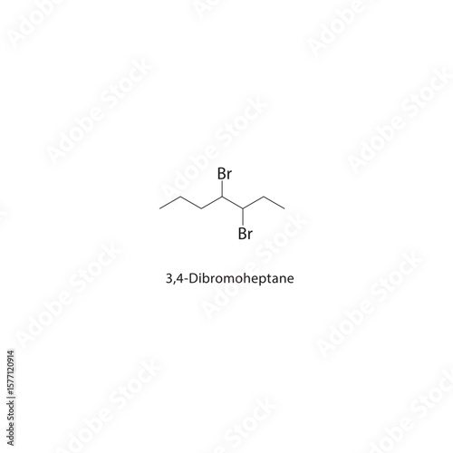 3,4-Dibromoheptane skeletal structure. Halogenated alkane compound schematic illustration. Simple diagram, chemical formula.