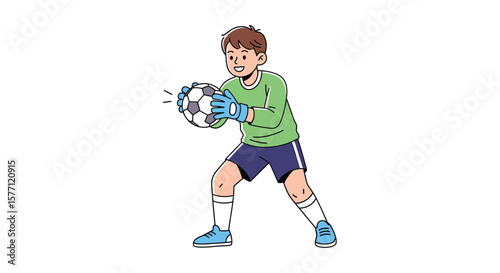 Young boy wearing a green shirt blue shorts and blue gloves plays soccer as a goalkeeper catching the ball