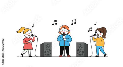 Three girls sing together with microphones and speakers on stage entertainment performance art