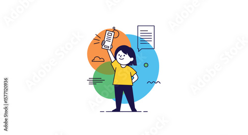 Creative individual holding up smartphone showing success on a colorful abstract background