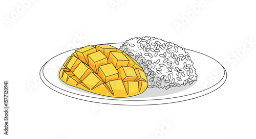 Deliciously cubed ripe mango and sticky rice dessert served on a plate