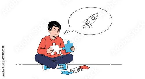 Young person assembling puzzle pieces dreaming about rocket launch and future aspirations
