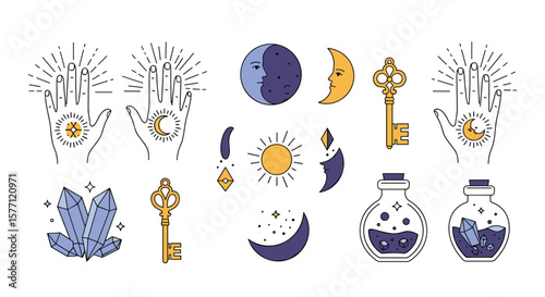 Mystical celestial hand crystals sun moon phases keys potion bottles collection