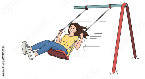 A young woman enjoys a thrilling ride on an outdoor swing set enjoying a sunny day outside