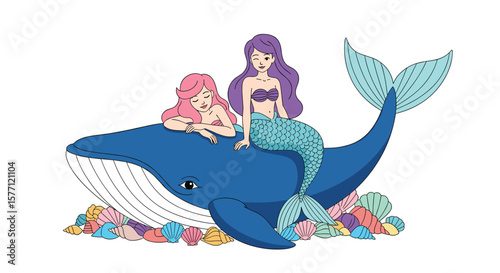 Two mermaids resting on a majestic blue whale surrounded by colorful seashells
