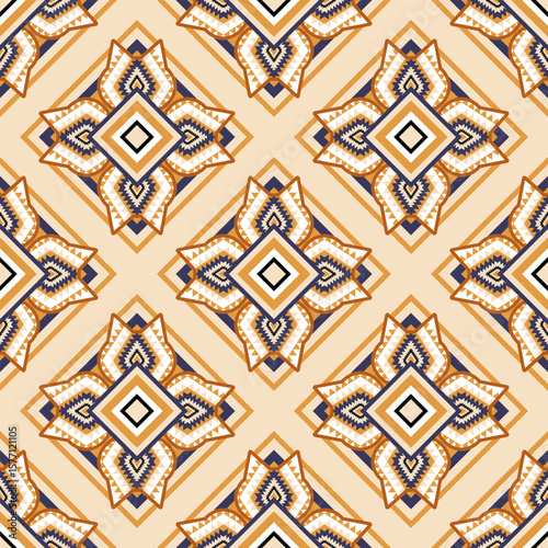 Seamless geometric pattern with ethnic motifs and diamond shapes creating a repeating textile design art.