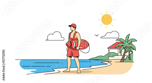 Lifeguard on duty at a sunny beach ready to protect swimmers safety