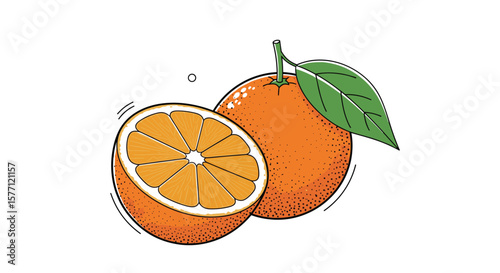 Fresh ripe oranges with vibrant green leaf and one cut in half showing juicy segments