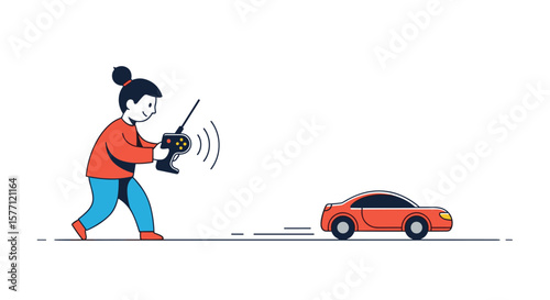 Child actively controlling a red radio controlled toy car on a white background