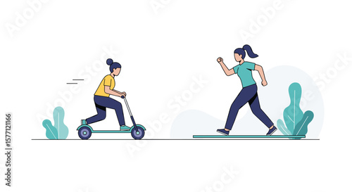 Two young women enjoying outdoor activities on a bright sunny day with one riding a kick scooter and the other running