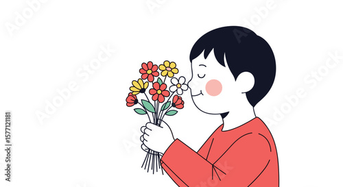 A young person enjoying the sweet fragrance of a beautiful bouquet of colorful flowers