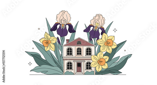 Charming victorian home surrounded by blooming daffodils and irises in a lush garden